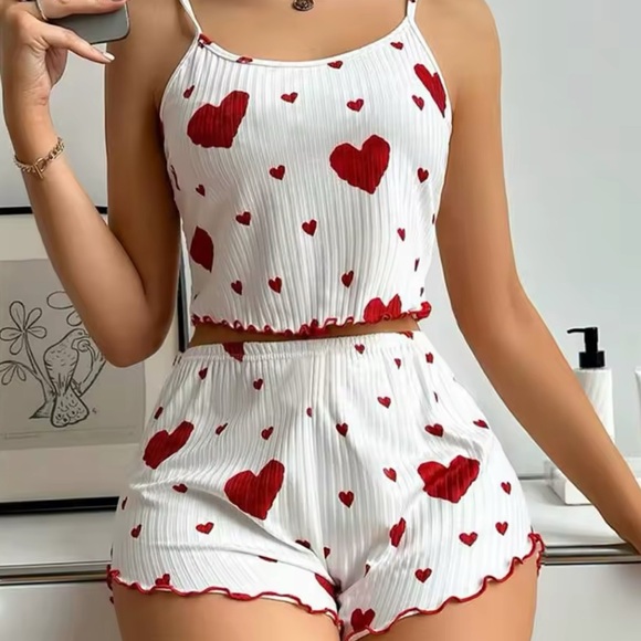 Other - Heart Print Women's Pajama Set - White and Red